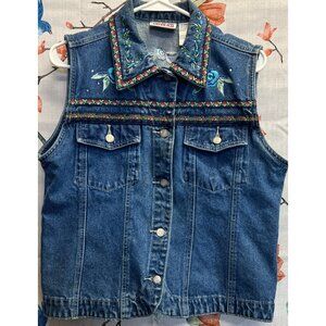 Vintage Embroidered Denim Vest Womens Petite With Floral Accents 100% Cotton